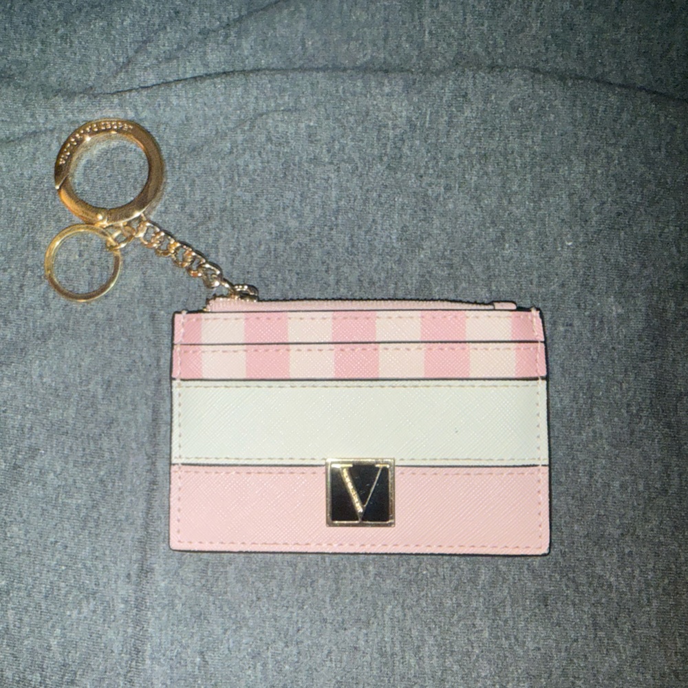 Victoria's Secret Pink and Cream Card Holder with Gold Keychain
